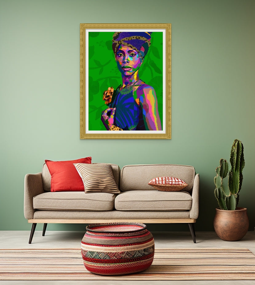 Erykah Badu-inspired “Green Eyes” hand-embellished canvas wall art by Vakseen displayed in a modern living room.