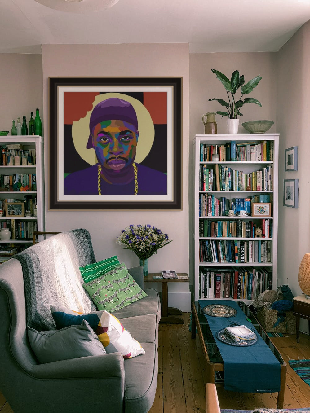 J Dilla-inspired “Dilla” hand-embellished canvas wall art by Vakseen displayed in a warm modern living room.