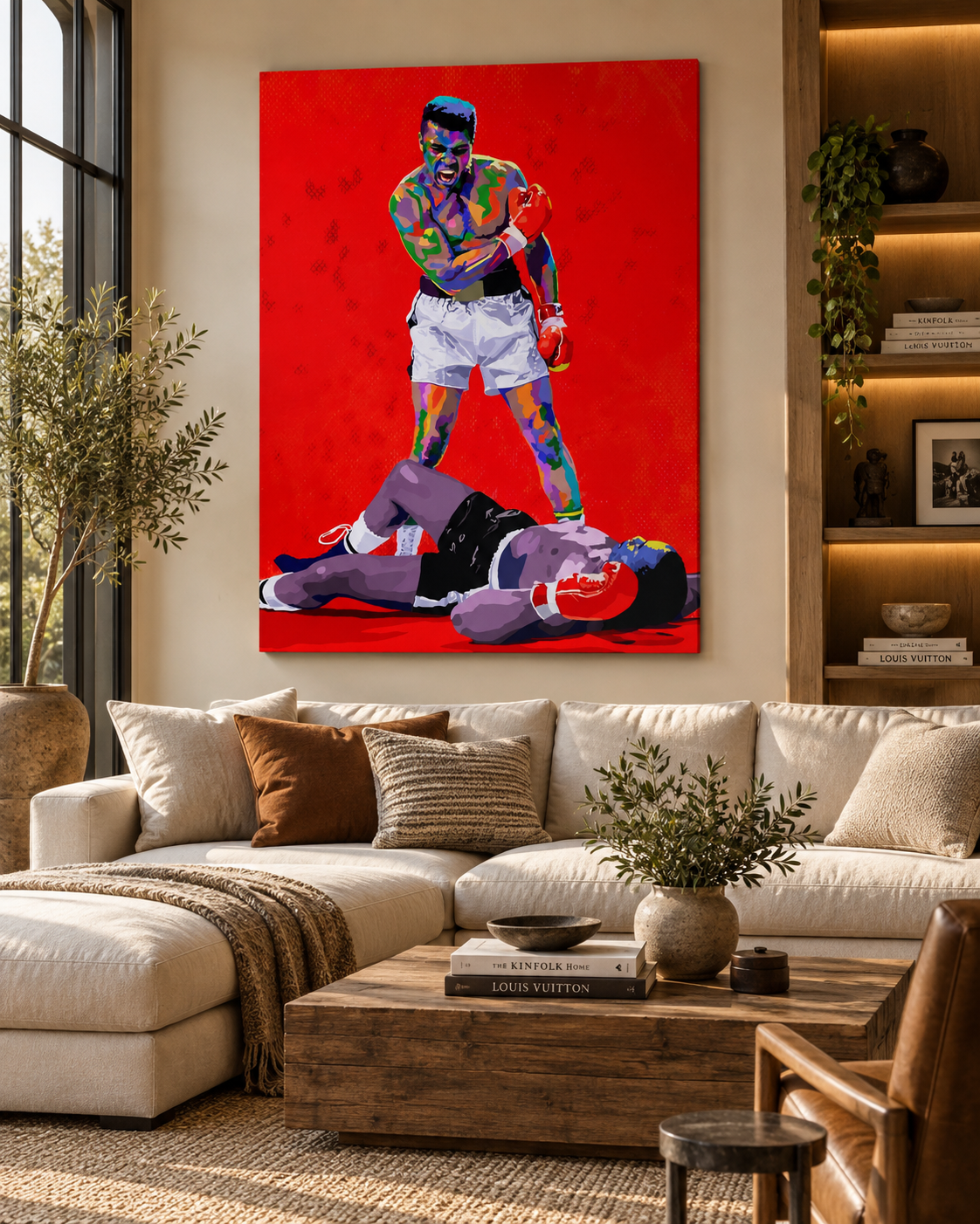 Muhammad Ali-inspired “Float Like a Butterfly” hand-embellished canvas wall art by Vakseen displayed in a modern living room.