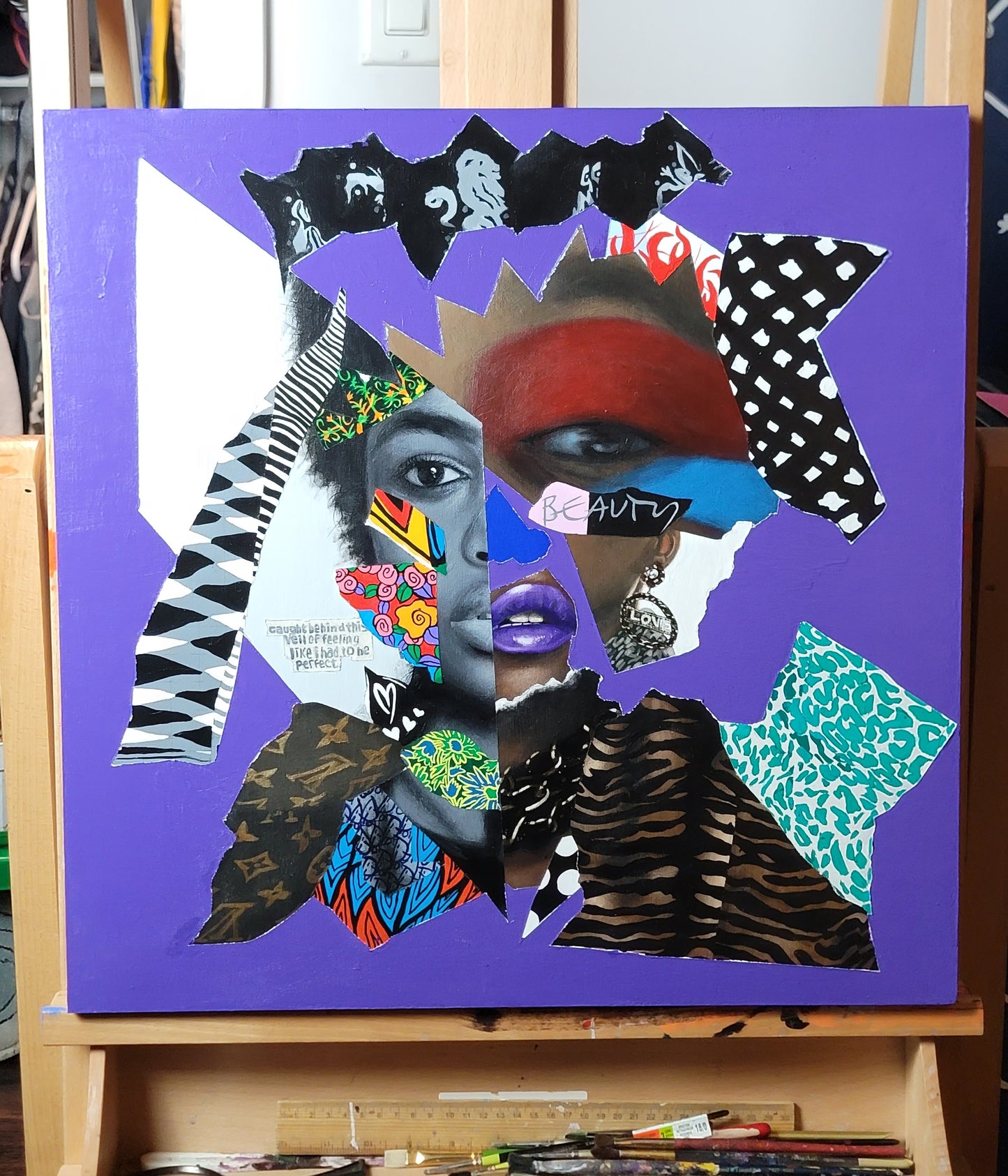 Unveiled - Collage Portrait – Original Acrylic Painting – Vanity Pop Series – Wall Decor by Vakseen