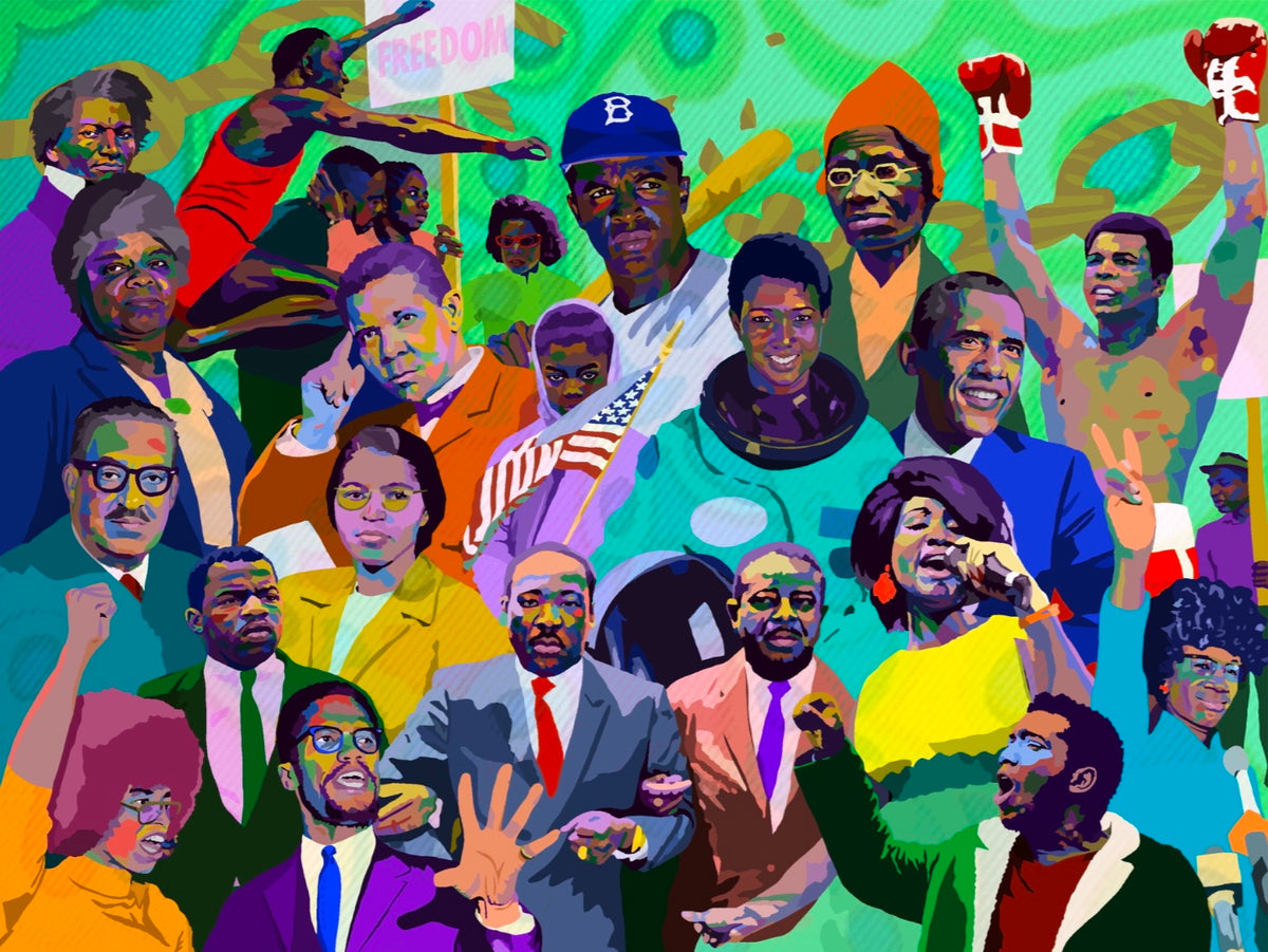 American Royalty hand-embellished Black history canvas by Vakseen featuring a colorful collage of influential Black cultural icons