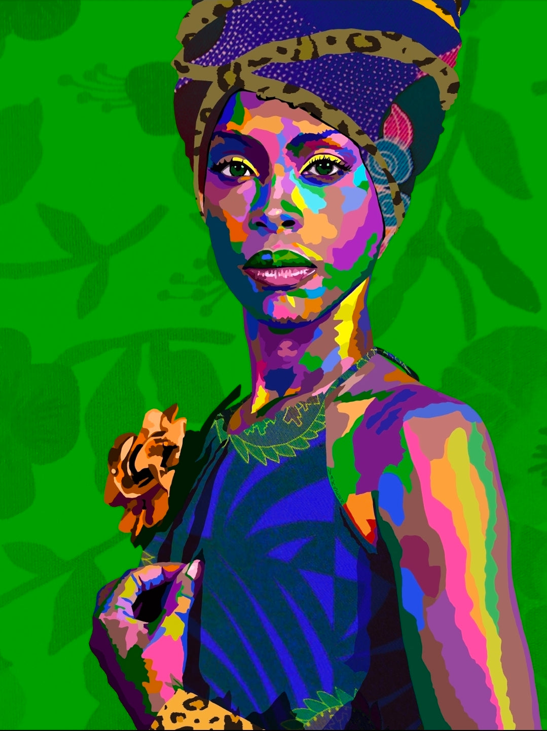 Green Eyes Erykah Badu-inspired hand-embellished canvas art by Vakseen