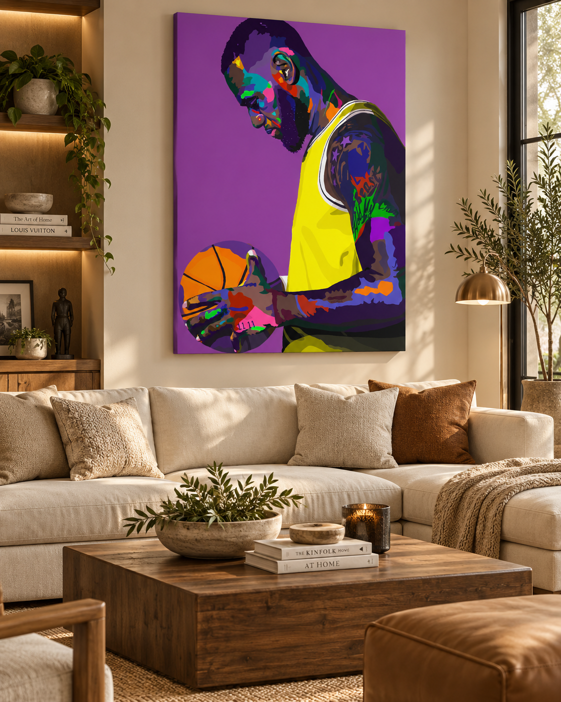 LeBron James-inspired “A Love Supreme” hand-embellished canvas wall art by Vakseen displayed in a modern living room.