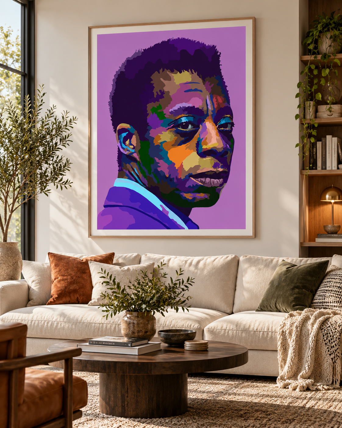 Living room mockup featuring Native Son by Vakseen, a colorful James Baldwin portrait from the Legends Only series.