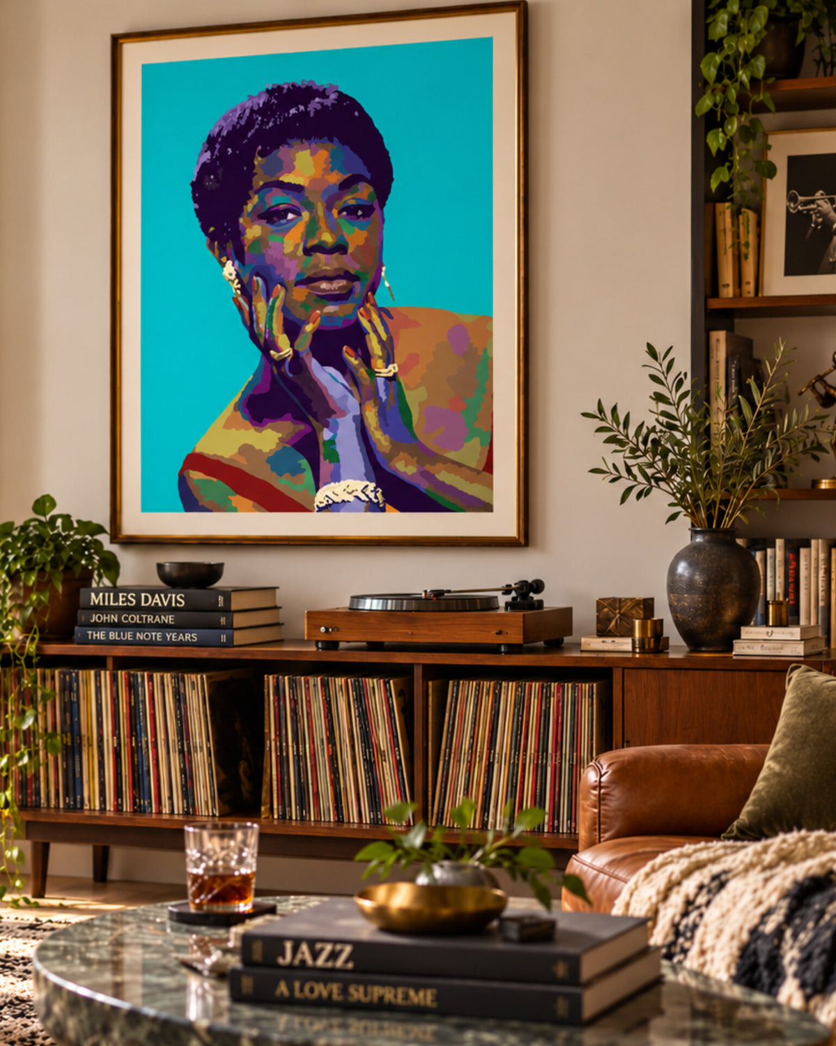 Living room mockup featuring Sassy by Vakseen, a colorful Sarah Vaughan portrait from the Legends Only series.
